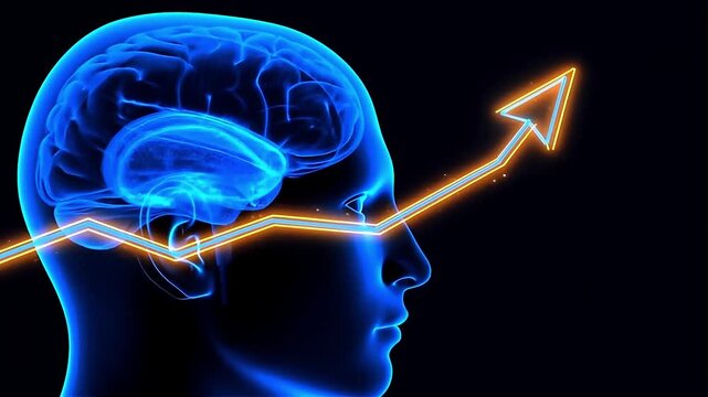 Dynamic upward trending graph merges with glowing blue brain silhouette symbolizing cognitive growth