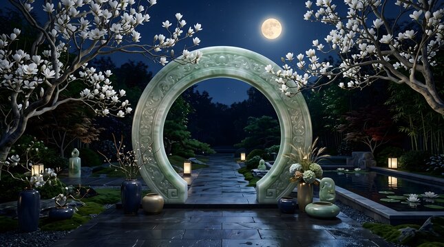 Traditional Chinese jade moon gate in tranquil garden under full night moon