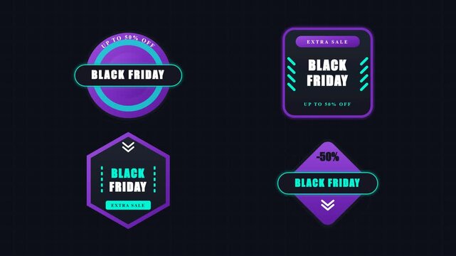 Set of modern geometric Black Friday sale badges and promotional discount labels with neon gradient accents.