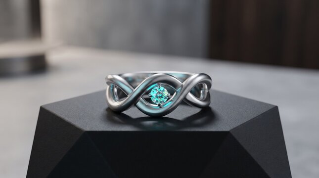 Minimalist platinum wedding ring with sculptural interlocking curves, inset gemstone and subtle electric cyan and ice blue futuristic illumination.