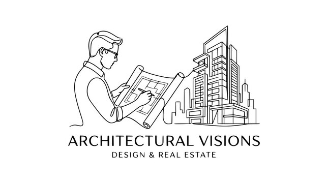 Minimalist line art logo of architect designing modern skyscraper blueprint