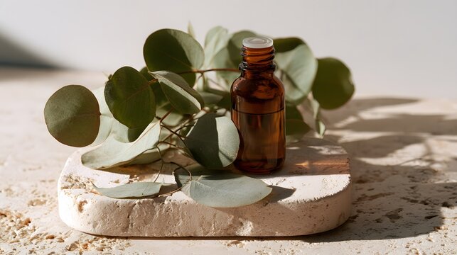 Amber glass essential oil bottle with eucalyptus leaves on stone tray
