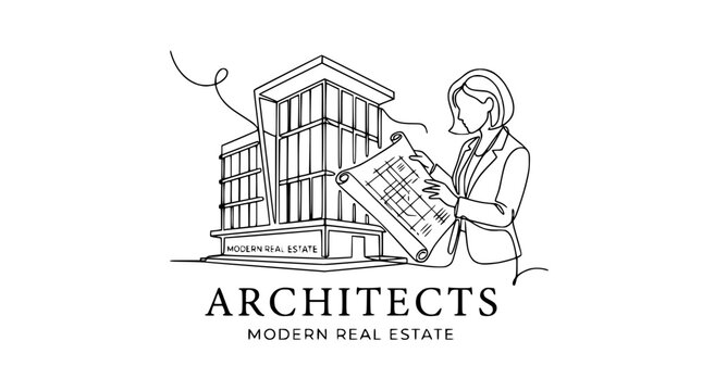 Minimalist line art logo of female architect with building blueprint
