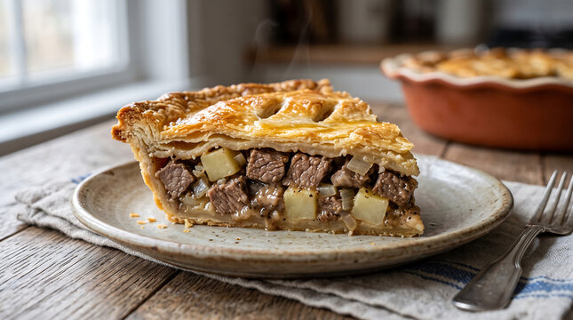 Hyper Realistic 9K Diagonal Angle Close Up Crimean Kubate Meat and Potato Pie Food Photography