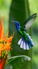 Fototapeta premium Colorful hummingbird hovering near orange tropical flower bloom