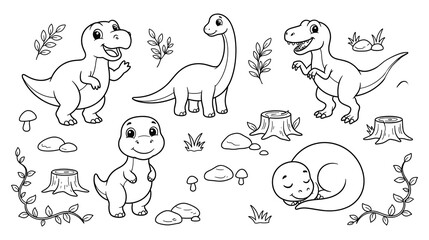 Cute cartoon dinosaurs set with plants and stones in outline style. © Amina