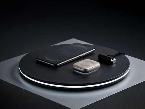 A black smartphone, a small square metallic device, and a black stylus on a circular black platform with a glowing white edge on a gray base