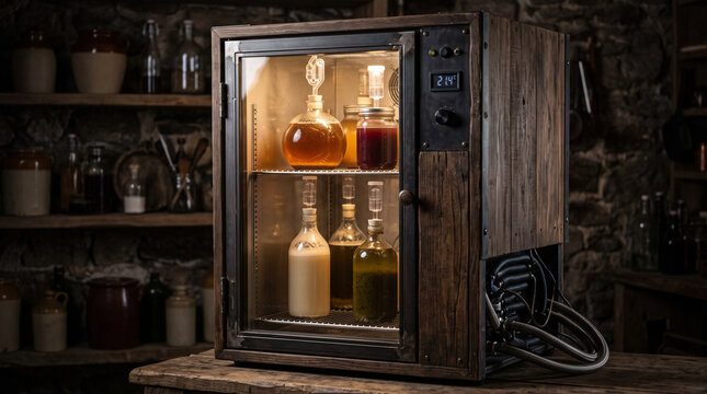 Rustic wooden fermentation chamber showcasing various glass jars with internal temperature control display and metal accents