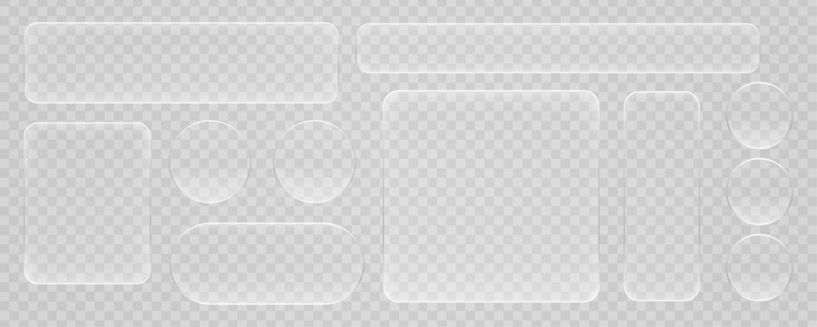 Modern transparent frame with 3d glass button shapes for ui design and morphism style. Glossy interface elements highlight smooth button concept and glass morphism aesthetics.