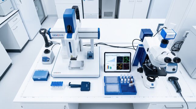 Modern scientific laboratory setup with high-tech equipment including microscope, automated liquid handler, tablet displaying cell analysis graphs, test tubes, and microplates on a clean white bench.