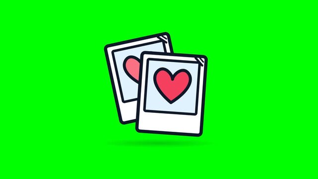 Two instant photo frames featuring red heart illustrations on a bright green background.