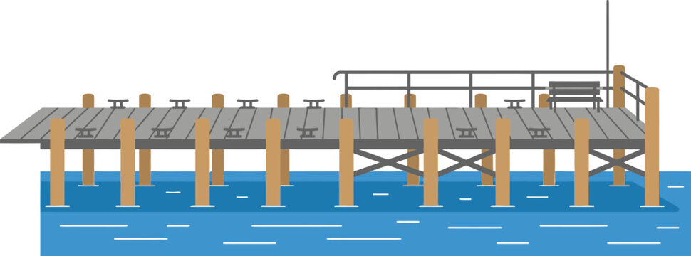 Flat vector illustration of a wooden boat dock on blue water