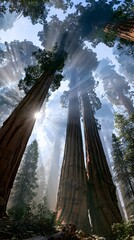 Obraz premium Towering red sequoia trees in misty forest with sun rays
