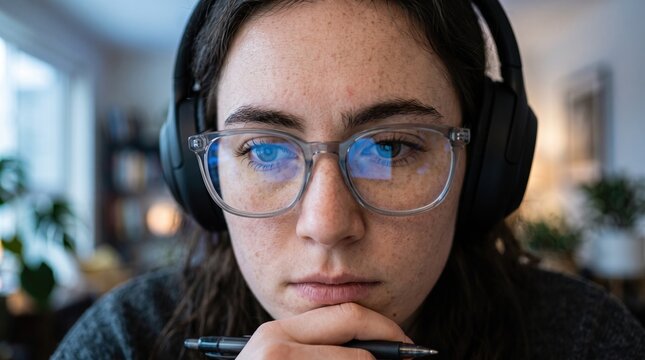 Focused young woman wearing headphones and glasses solving an online test