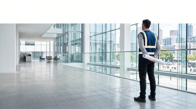 Architect standing in modern spacious office building holding rolled blueprints, looking at city view through large glass windows, construction planning and architectural design concept.
