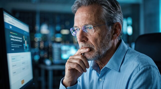 Focused mature businessman taking an online test on his computer in a modern office at night