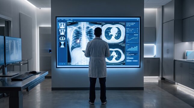 Doctor analyzing chest X-ray and CT scan on large medical display screen, healthcare professional using advanced diagnostic technology in modern hospital radiology department for patient care.,