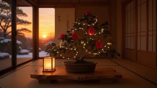 黄金の夕陽が沈む雪山庭園を臨む和室の一枚板座卓で行燈の光と優しく輝く椿盆栽クリスマスツリー