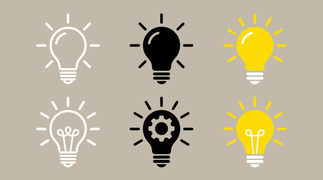 Minimalist light bulb icon set, creative innovation symbols, monochrome and yellow variants, clean vector design collection.