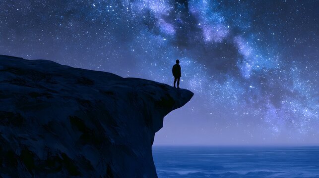 Silhouette of person standing on ocean cliff under starry night sky
