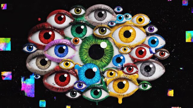 Human Eyes in Abstract Formation with Digital Glitch Effects in Dark Studio Lighting