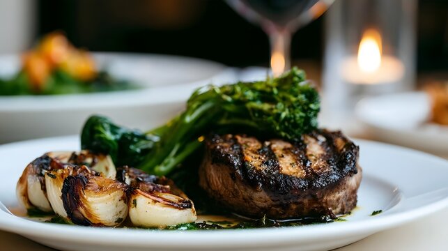 A beautifully plated grilled steak with roasted vegetables and broccolini on a white dish  set against a softly lit dining ambiance
