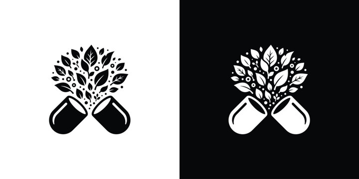 Natural Herbal Medicine Capsule Logo with Bursting Green Leaves