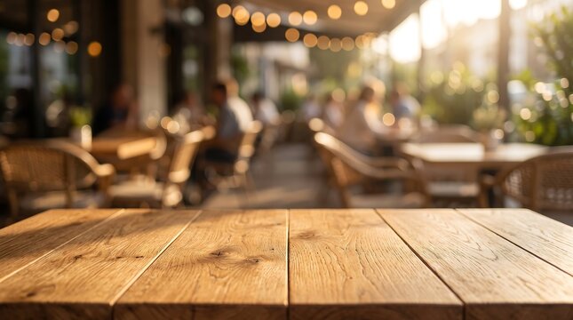 Empty Wooden Table Surface Foreground with Blurred Outdoor Restaurant Cafe Terrace Background at Sunset Warm Light Product Display Mockup Banner