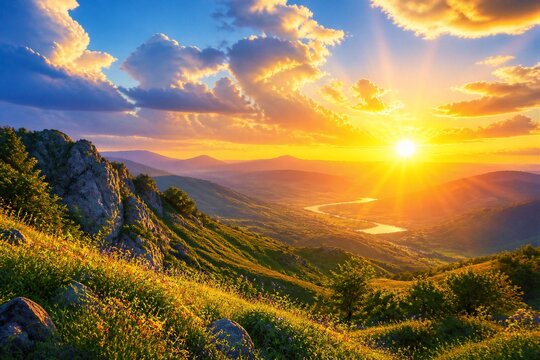 Sunrise illuminating rolling mountain valley with river