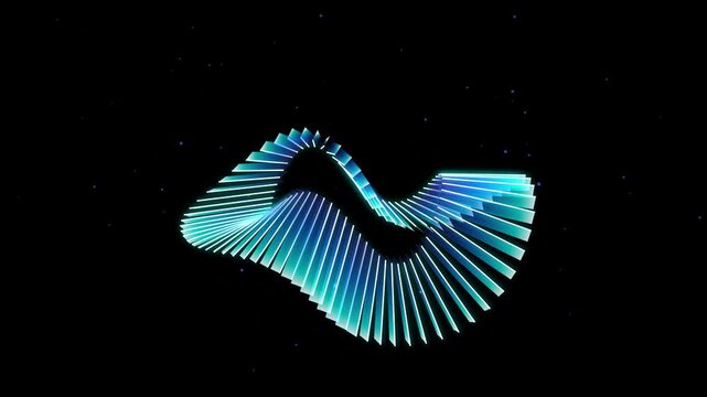 Glowing blue digital infinity symbol shape composed of rhythmic parallel vertical slices against a dark starfield background, representing eternity, technology, and futuristic concepts
