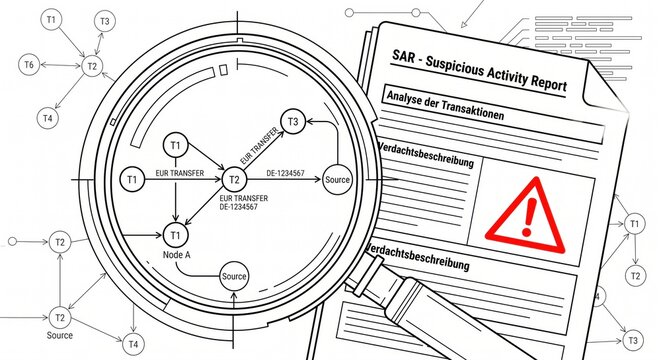 Suspicious activity reporting form with network map, suspicious patterns, red flags, and investigation workflow.