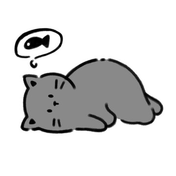 illustration of a cute grey cat thinking of a fish