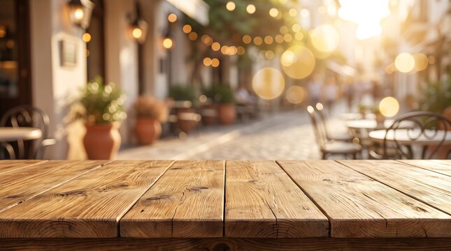 Empty Rustic Wood Table Top with Blurred Outdoor Cafe Background Bokeh Lights for Food Product Presentation Advertising Promotion Banner Backdrop