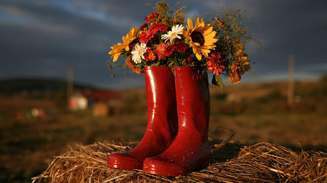 Red rubber rain boot filled with bright flower bouquet on straw against rural landscape