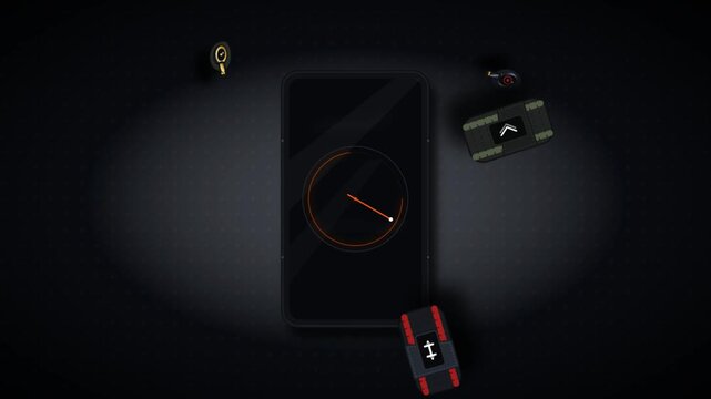 Modern smartphone displaying a rotating orange dial interface with tech icons