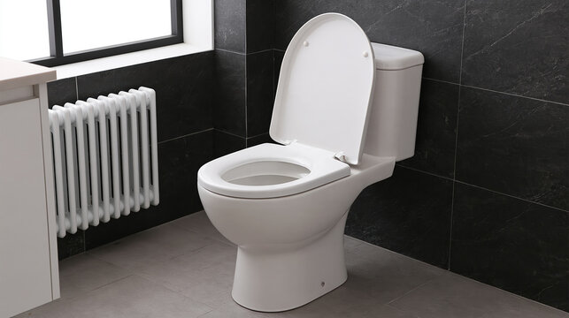 White ceramic toilet in modern bathroom with black tile wall, radiator, window, and open lid creating clean interior scene