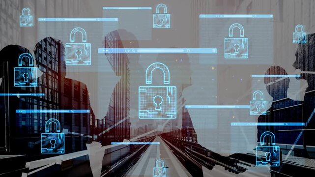Digital Security Concept with Silhouetted Business People in Modern Office Environment and Superimposed Lock Icons Representing Cyber Protection. Entropy.