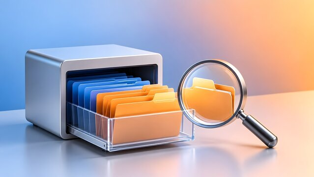 Digital document management concept featuring a magnifying glass inspecting colorful folders inside a modern archive cabinet.