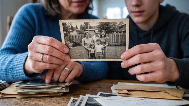Mother and son looking at a vintage family photograph together