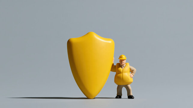 Yellow shield and miniature construction worker standing together against gray background with playful protective symbolism and clear copy space
