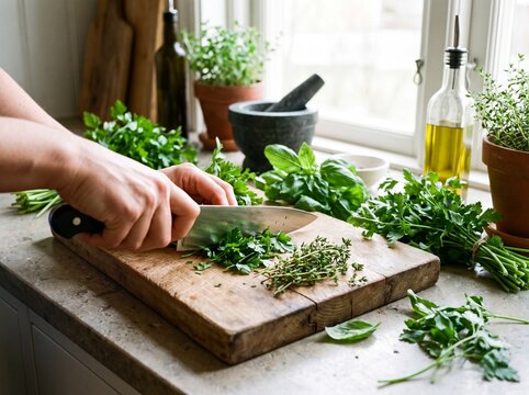 Fresh herb chopping in a home kitchen. Woman slicing green parsley with a sharp knife on a rustic wooden cutting board. Potted herbs, glass olive oil bottles, and a mortar on the counter