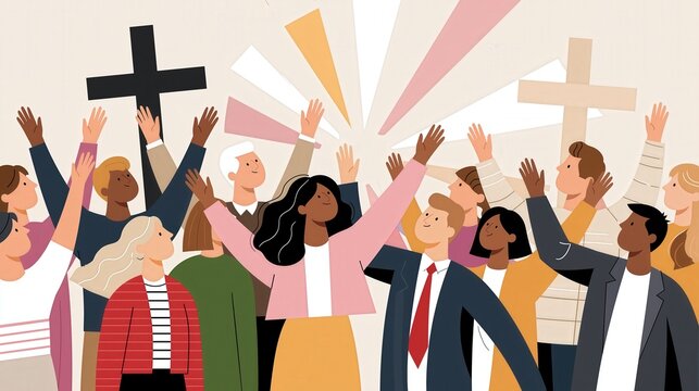 Diverse group of people raising hands in prayer and worship towards crosses and light rays.