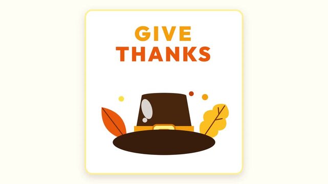 Minimalist Thanksgiving holiday greeting card design with a pilgrim hat and autumn leaves.
