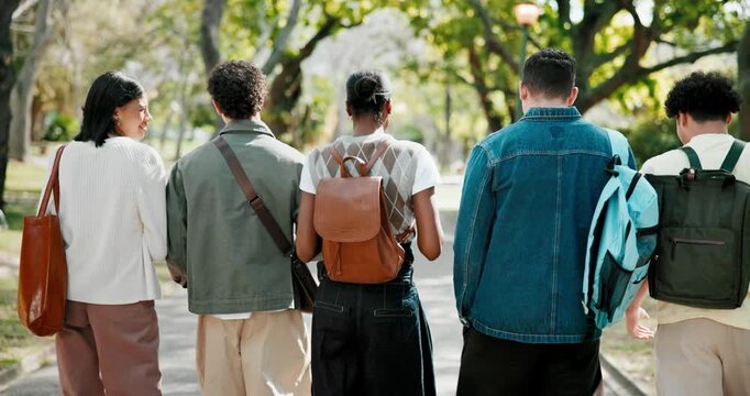 Students, education and walking with friends, outdoor and conversation with group or laugh together. Back, knowledge and funny discussion with happy people, bonding and travel on university campus