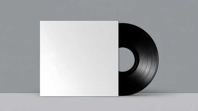 White vinyl record sleeve and black vinyl disc on gray surface