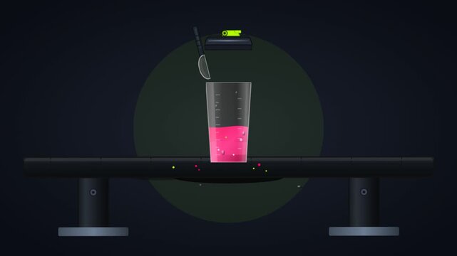 Animated spoon pouring pink liquid into glass beaker on table