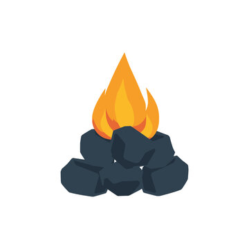 A simple flat vector icon of a burning campfire with hot orange flames and dark charcoal rocks for camping and outdoor activities isolated on transparent background, Vector