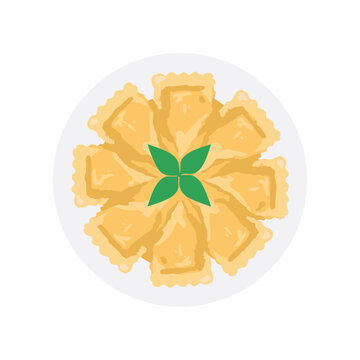 Fresh ravioli pasta arranged in a flower shape with green basil leaves on a round plate isolated on transparent background, Vector