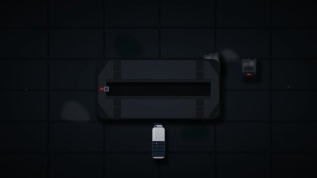Top down 2D animation of futuristic console scanning inventory items