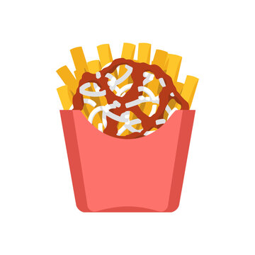 A red carton of crispy french fries topped with melted cheese and savory brown gravy isolated on transparent background, Vector